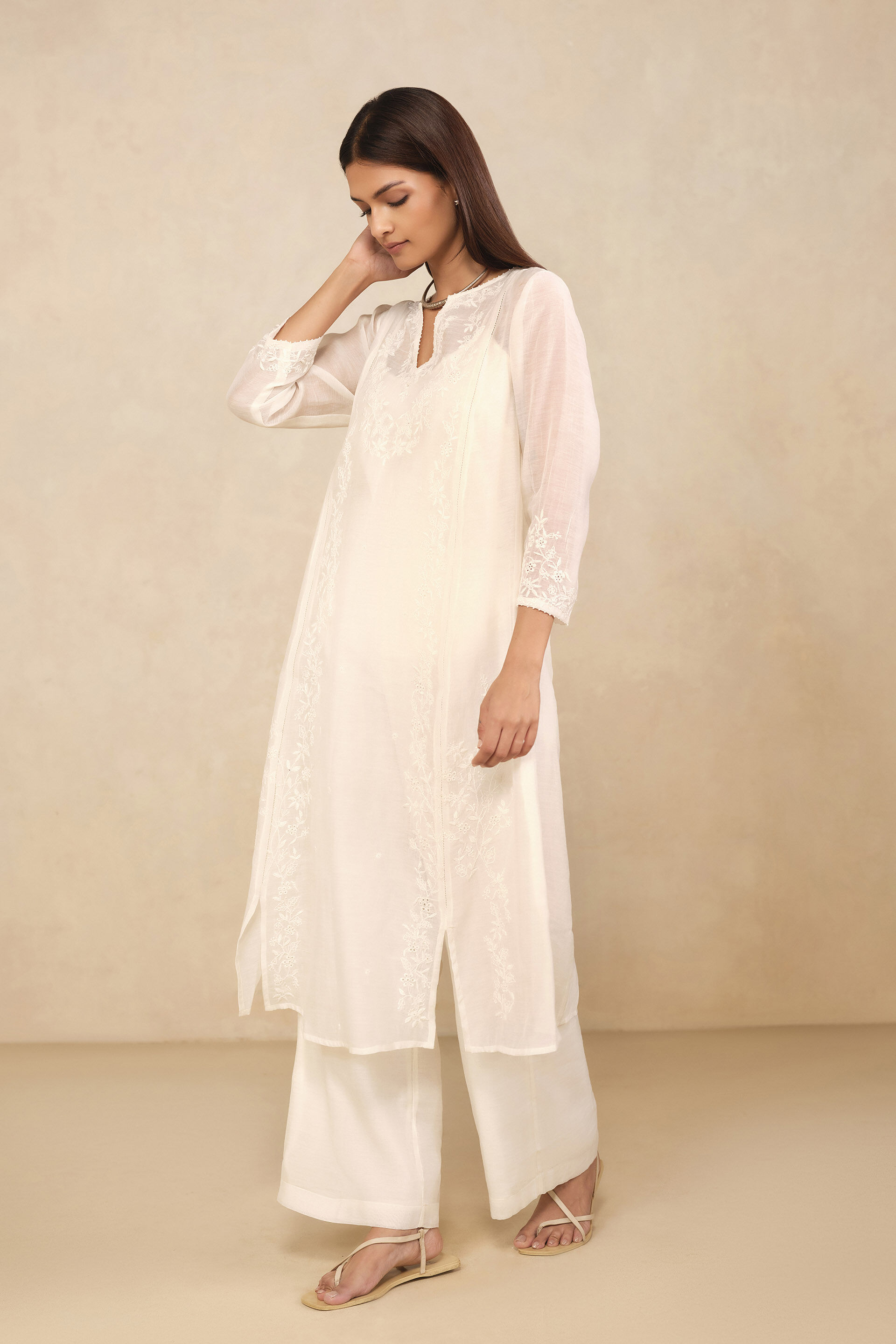 Haiku Chikankari Hand-embroidered Mul Kurta Set - Ivory, Ivory, image 3